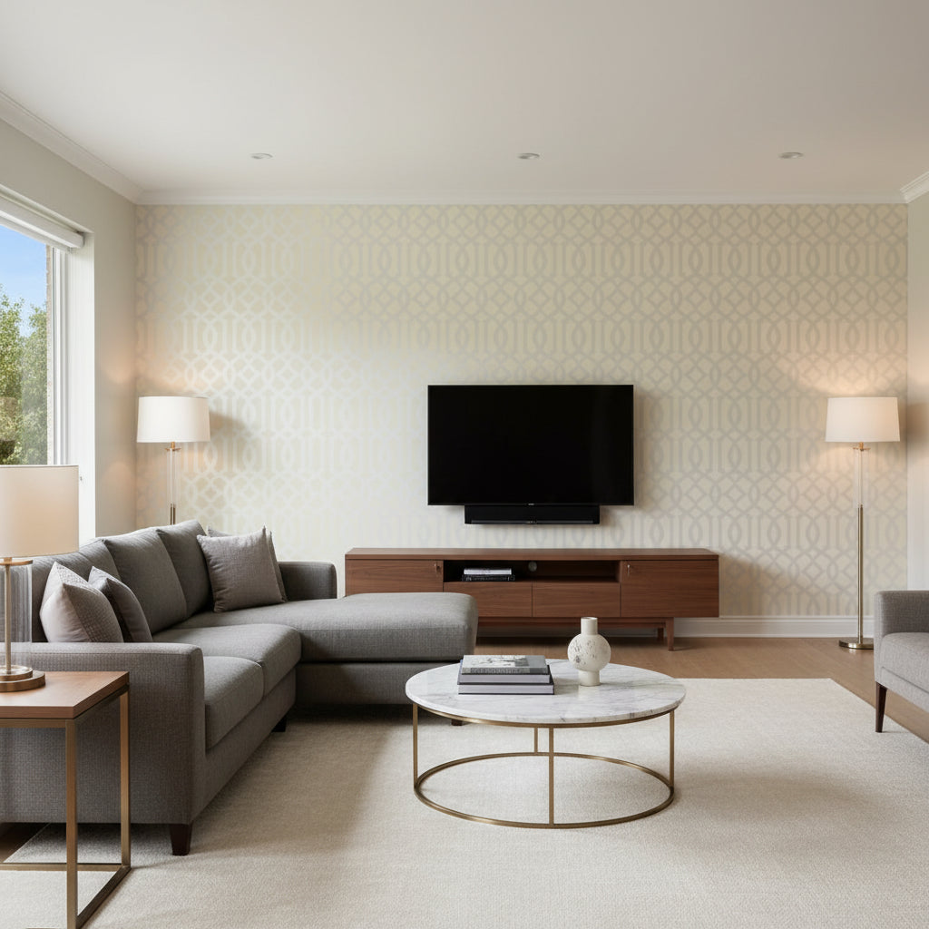 Imperial Trellis - Alabaster Wallpapers | Schumacher - Living Room Visualization (AI-generated, may not be to scale. Verify pattern scale with product specifications.)