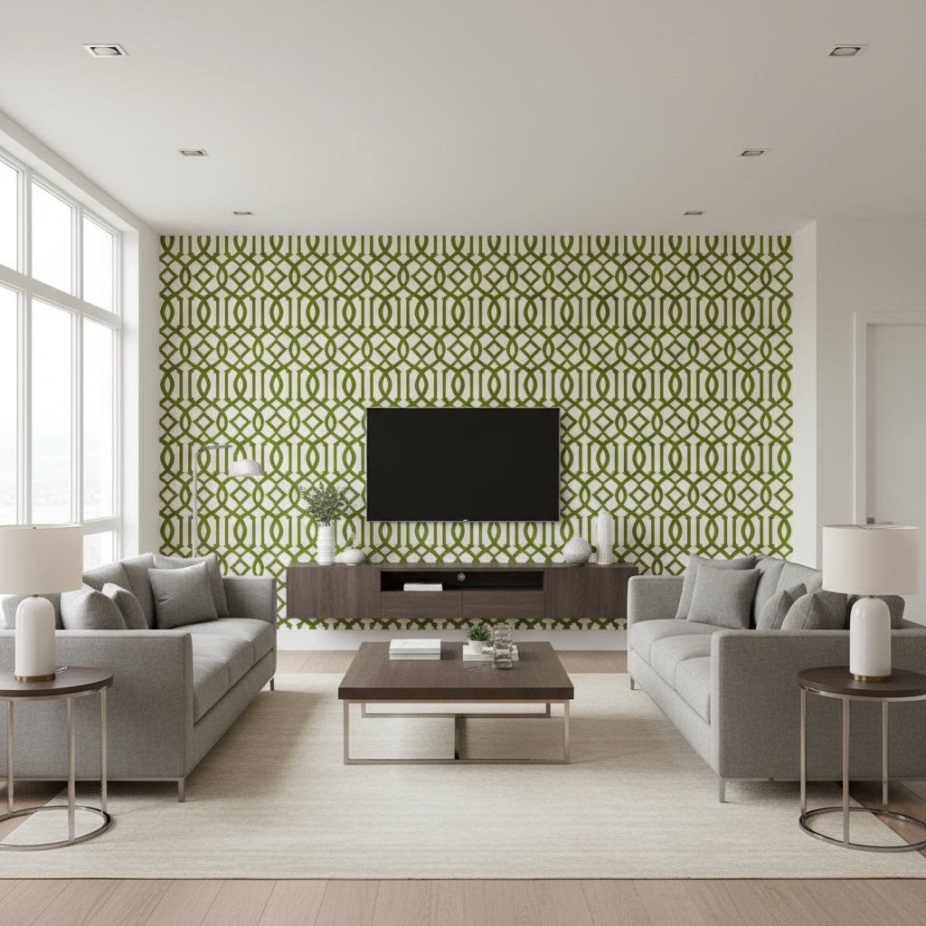 Imperial Trellis - Treillage Wallpapers | Schumacher - Living Room Visualization (AI-generated, may not be to scale. Verify pattern scale with product specifications.)
