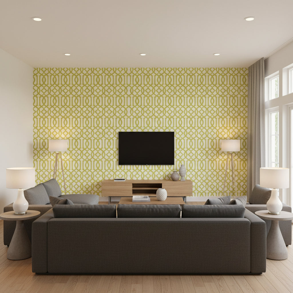 Imperial Trellis - Citrine Wallpapers | Schumacher - Living Room Visualization (AI-generated, may not be to scale. Verify pattern scale with product specifications.)