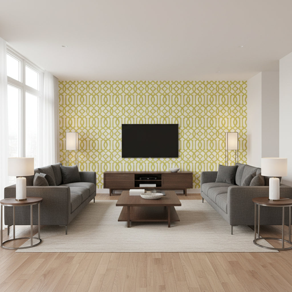 Imperial Trellis - Citrine Wallpapers | Schumacher - Living Room Visualization (AI-generated, may not be to scale. Verify pattern scale with product specifications.)