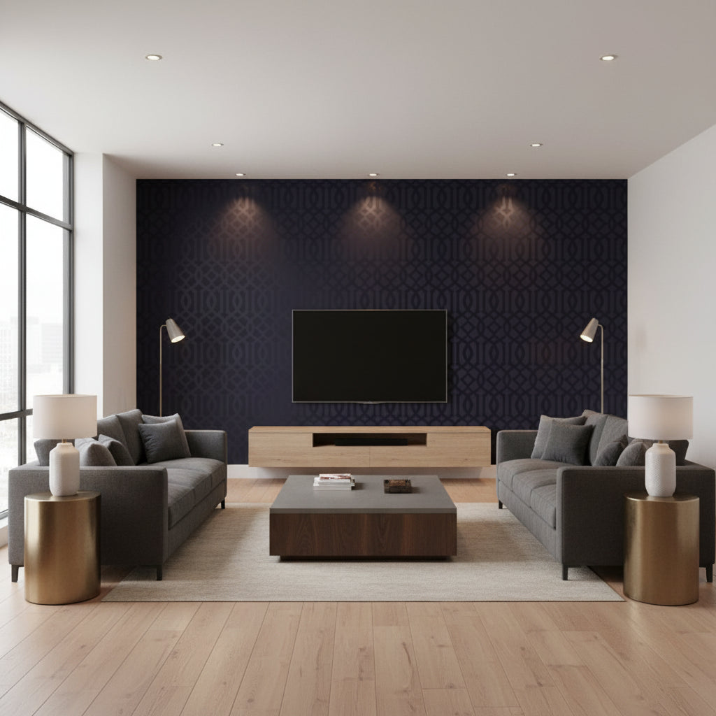 Imperial Trellis - Onyx Gloss Wallpapers | Schumacher - Living Room Visualization (AI-generated, may not be to scale. Verify pattern scale with product specifications.)