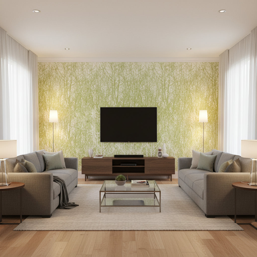 Birches - Leaf/White Wallpapers | Schumacher - Living Room Visualization (AI-generated, may not be to scale. Verify pattern scale with product specifications.)