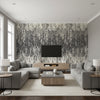 Birches - Black/White Wallpapers | Schumacher - Living Room Visualization (AI-generated, may not be to scale. Verify pattern scale with product specifications.)