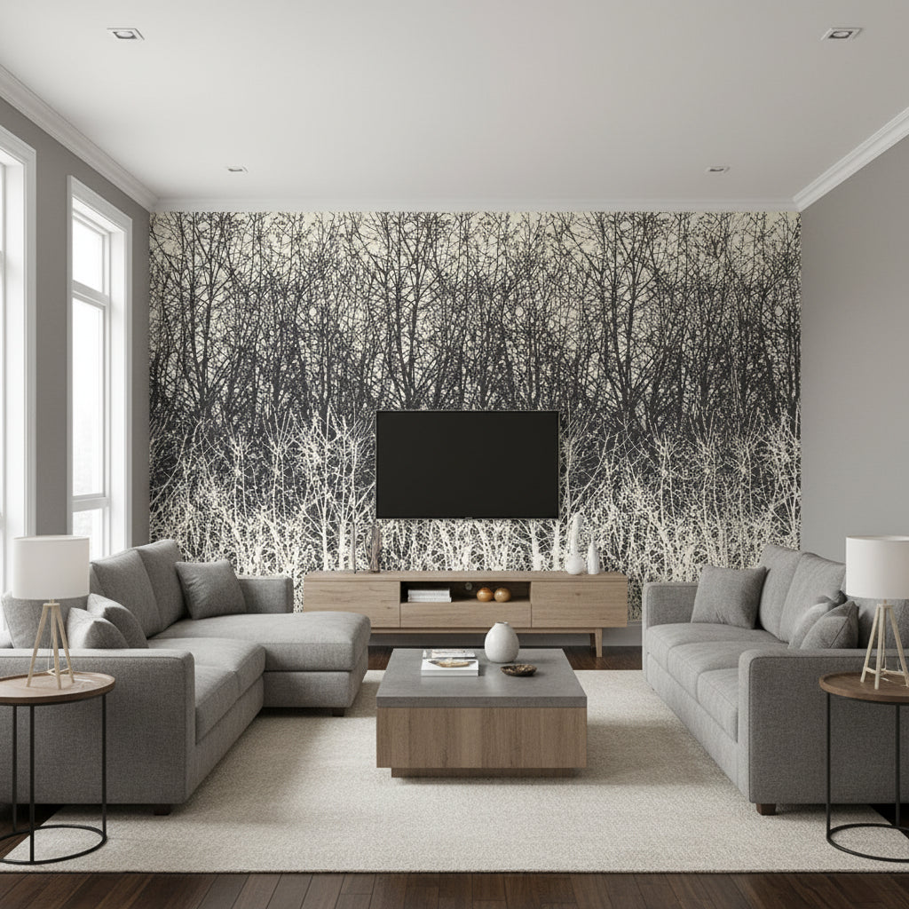 Birches - Black/White Wallpapers | Schumacher - Living Room Visualization (AI-generated, may not be to scale. Verify pattern scale with product specifications.)