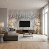 Birches - Silver Wallpapers | Schumacher - Living Room Visualization (AI-generated, may not be to scale. Verify pattern scale with product specifications.)