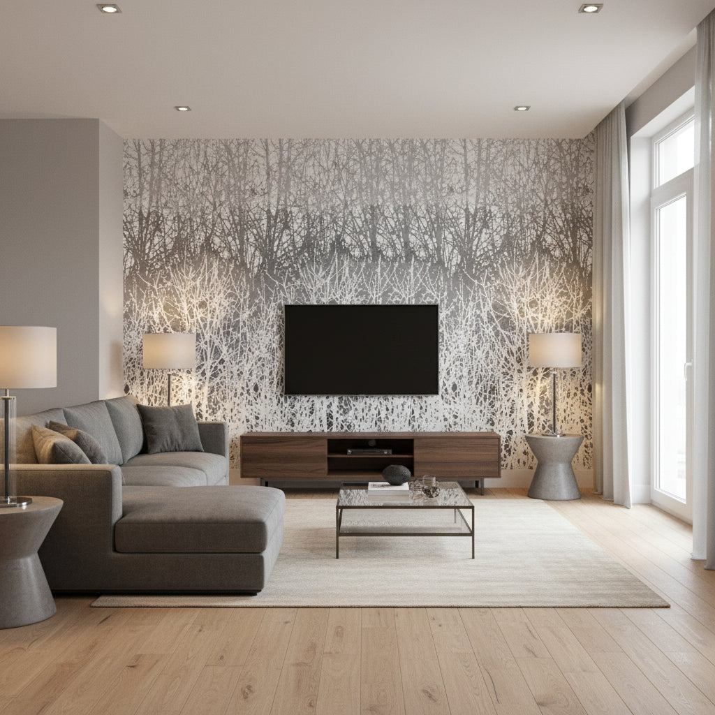 Birches - Silver Wallpapers | Schumacher - Living Room Visualization (AI-generated, may not be to scale. Verify pattern scale with product specifications.)