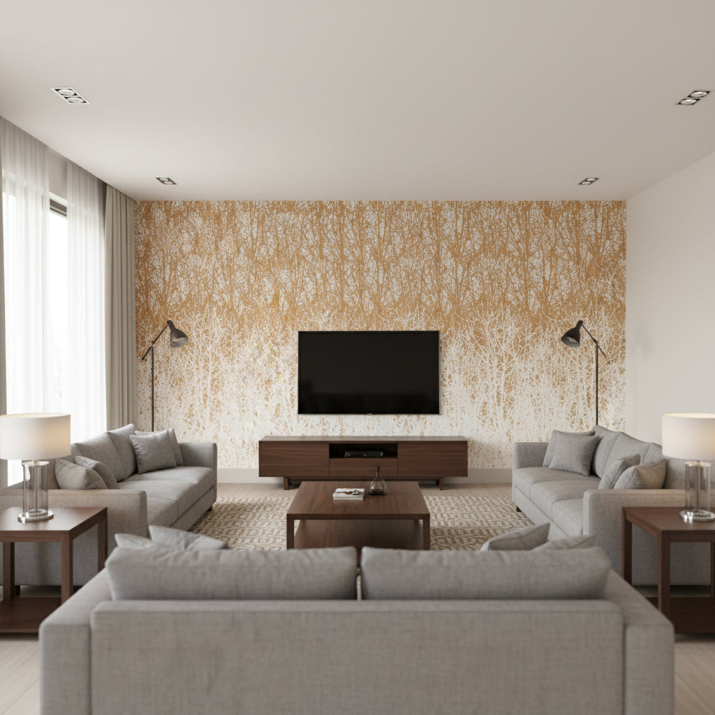 Birches - Tan Wallpapers | Schumacher - Living Room Visualization (AI-generated, may not be to scale. Verify pattern scale with product specifications.)