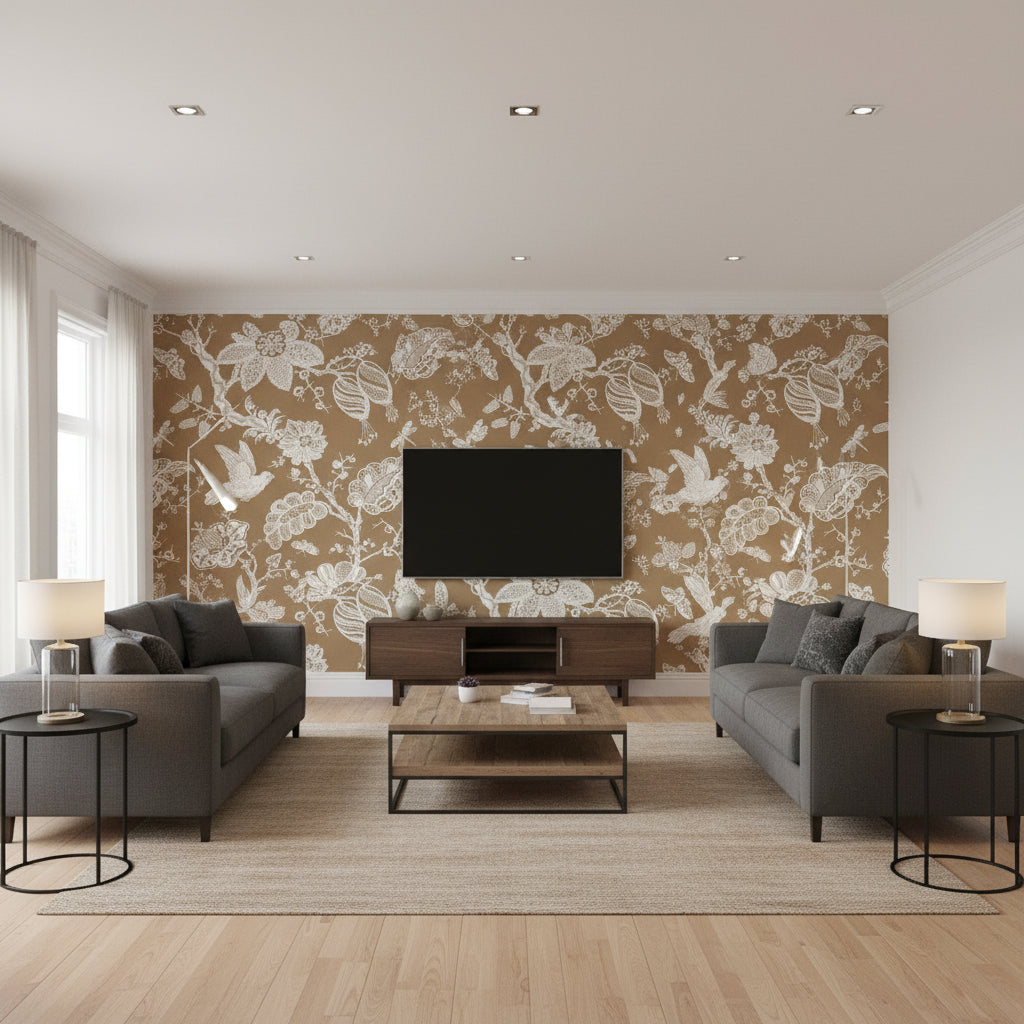 Bali Vine - Mocha Wallpapers | Schumacher - Living Room Visualization (AI-generated, may not be to scale. Verify pattern scale with product specifications.)