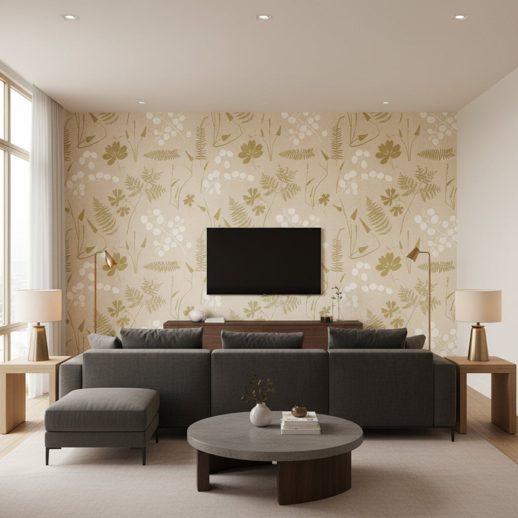 Modern Botanical - Parchment Wallpapers | Schumacher - Living Room Visualization (AI-generated, may not be to scale. Verify pattern scale with product specifications.)