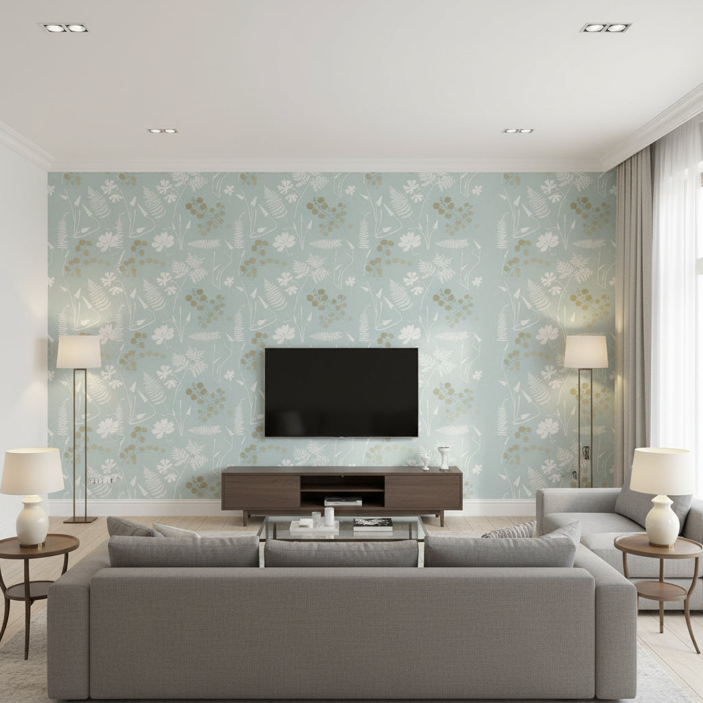 Modern Botanical - Slate Wallpapers | Schumacher - Living Room Visualization (AI-generated, may not be to scale. Verify pattern scale with product specifications.)