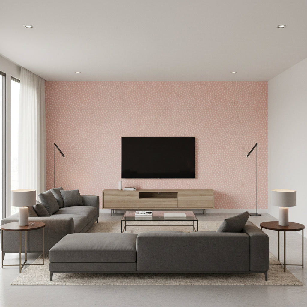 Raindots - Washed Pink Wallpapers | Schumacher - Living Room Visualization (AI-generated, may not be to scale. Verify pattern scale with product specifications.)