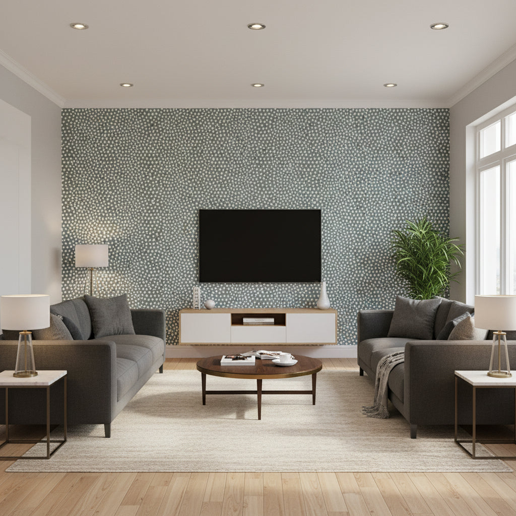Raindots - Fog Wallpapers | Schumacher - Living Room Visualization (AI-generated, may not be to scale. Verify pattern scale with product specifications.)