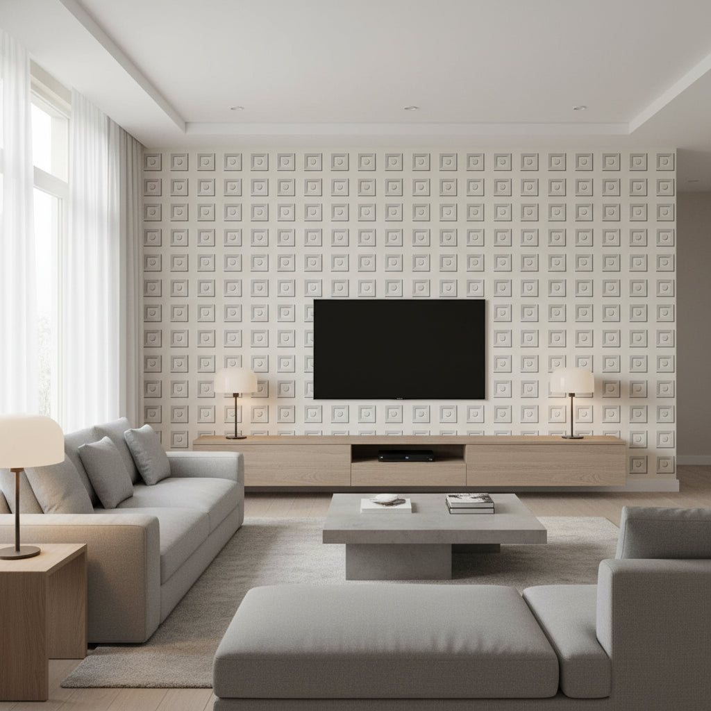 Marcel - Stone Wallpapers | Schumacher - Living Room Visualization (AI-generated, may not be to scale. Verify pattern scale with product specifications.)
