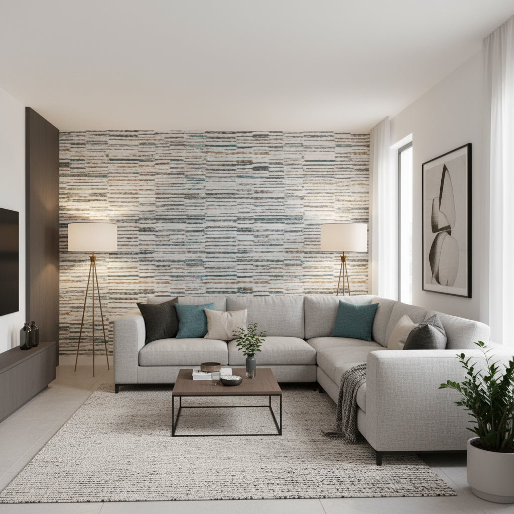 Marazzi Oxide Wallcovering - Living Room Setting 8ft view | Black Edition