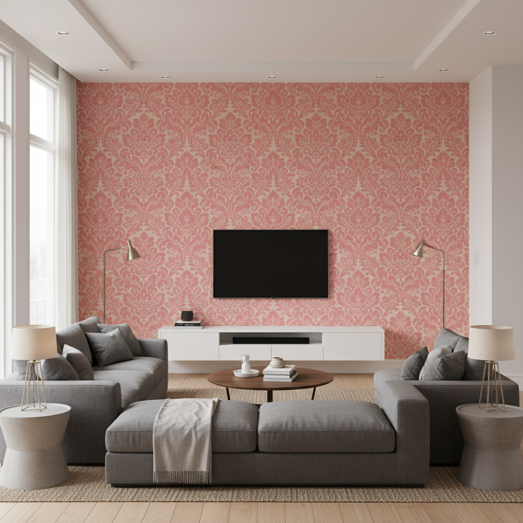 Acanthus Damask - Berry Red By Lee Jofa | Oscar De La Renta Iv | Damask Multipurpose - Living Room Room Setting