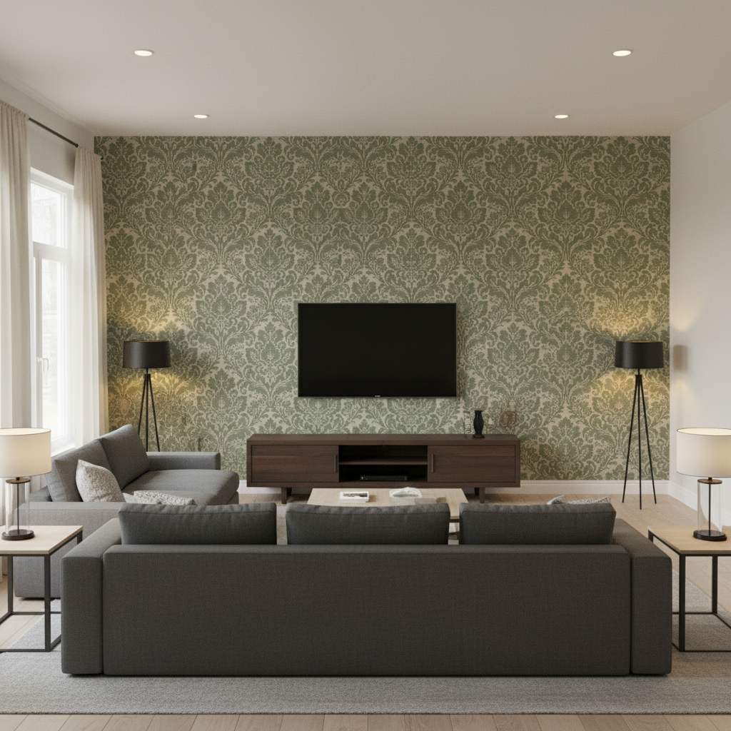 Acanthus Damask - Loden Green By Lee Jofa | Oscar De La Renta Iv | Damask Multipurpose - Living Room Room Setting