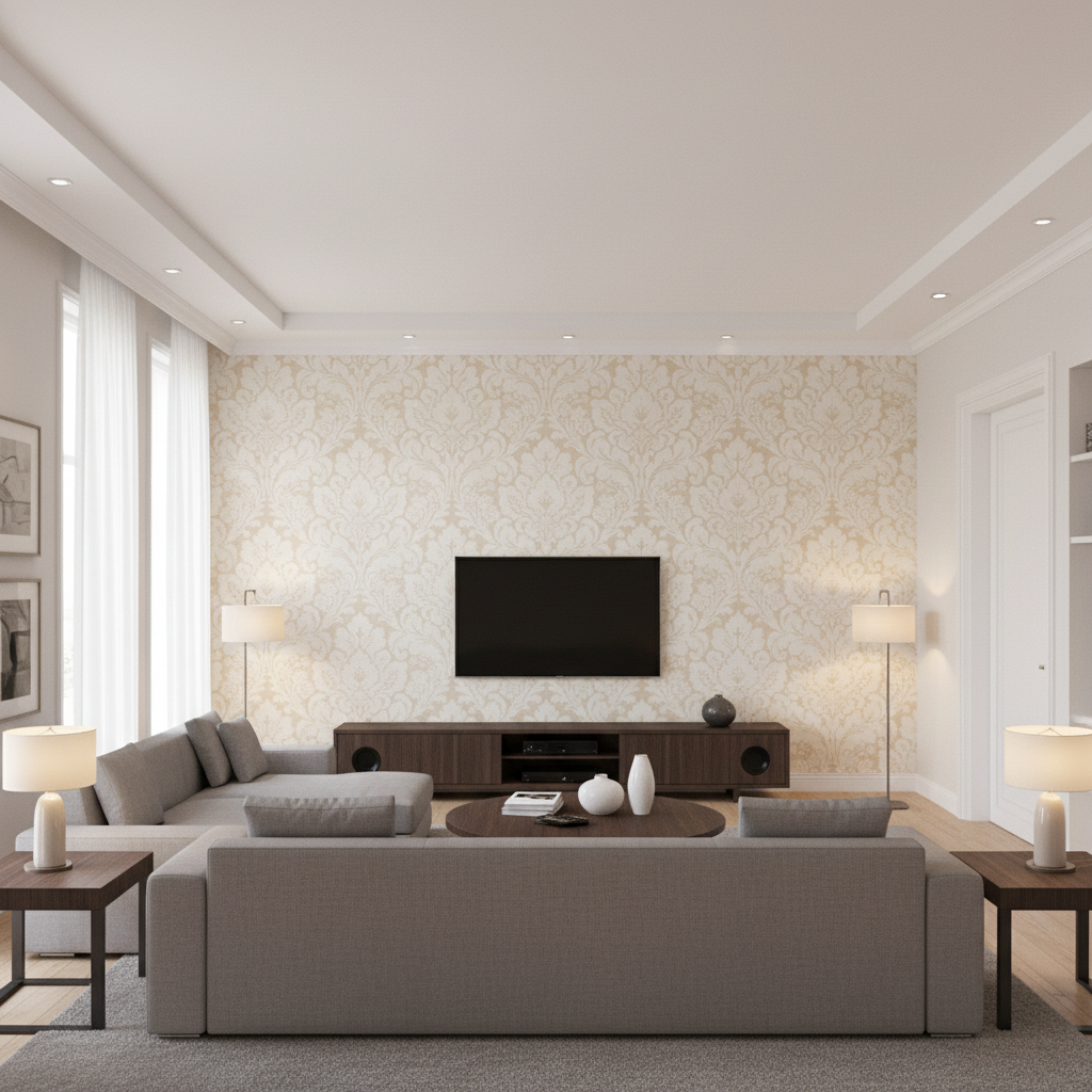 Acanthus Damask - Pearl Ivory By Lee Jofa | Oscar De La Renta Iv | Damask Multipurpose - Living Room Room Setting