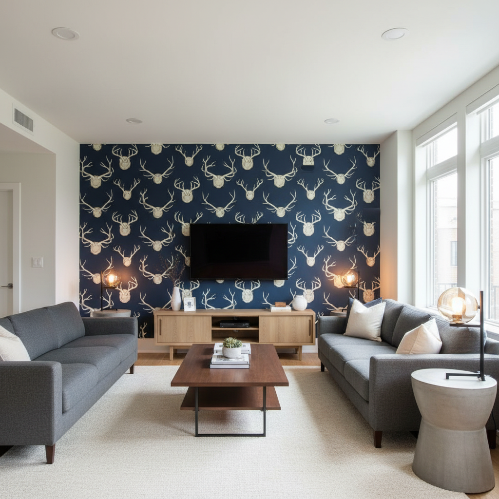 Antlers - Navy Dark Blue By Lee Jofa | Lodge Ii Prints |Animal/Insects Novelty Multipurpose Print - Living Room Room Setting
