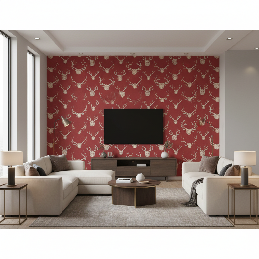 Antlers - Red Burgundy/Red By Lee Jofa | Eric Cohler Lodge |Animal/Insects Novelty Multipurpose Print - Living Room Room Setting