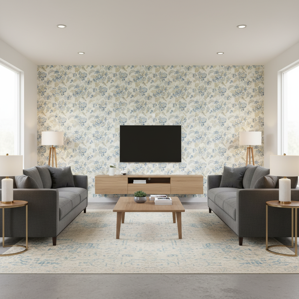 Augustine Print - Lake Blue By Lee Jofa | Avondale |Botanical & Floral  Multipurpose Print - Living Room Room Setting