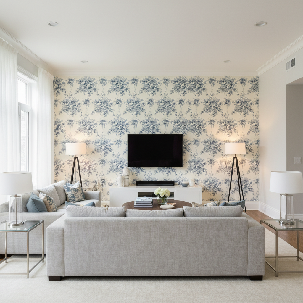 Aurora - Blue Blue By Lee Jofa | Paolo Moschino Fabrics |Botanical & Floral  Multipurpose Print - Living Room Room Setting