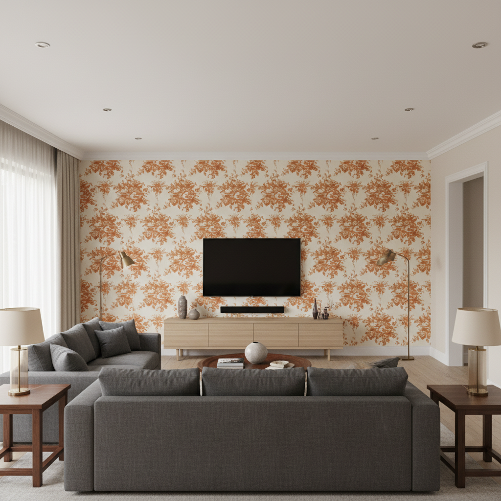 Aurora - Terracota Orange By Lee Jofa | Paolo Moschino Fabrics |Botanical & Floral  Multipurpose Print - Living Room Room Setting