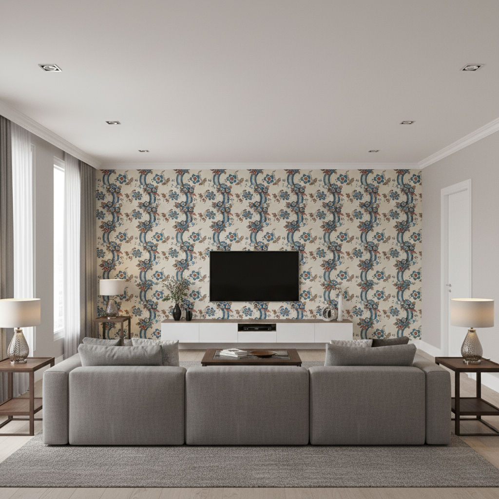Benday Print - Denim/Berry Blue By Lee Jofa | Oscar De La Renta Iv |Botanical & Floral Jacobeans Multipurpose Print - Living Room Room Setting
