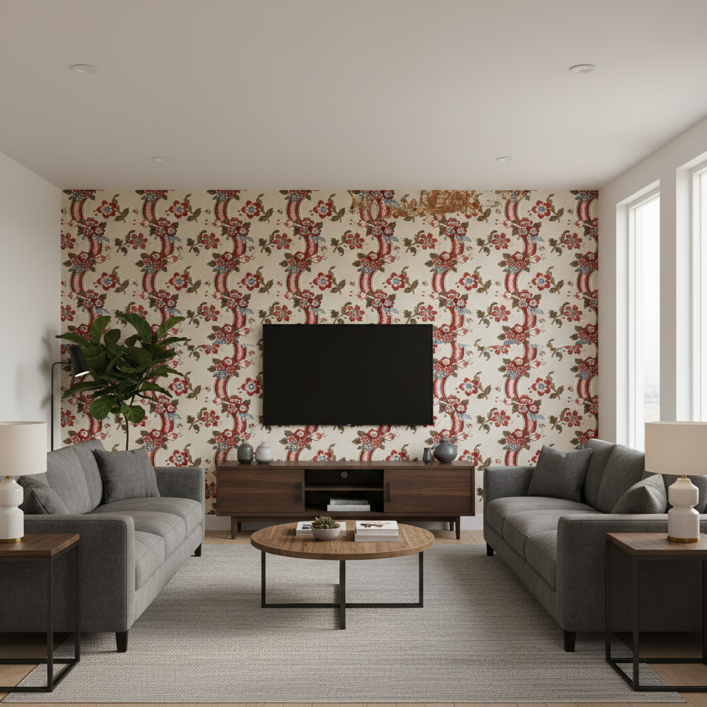 Benday Print - Red/Blue Red By Lee Jofa | Oscar De La Renta Iv |Botanical & Floral Jacobeans Multipurpose Print - Living Room Room Setting