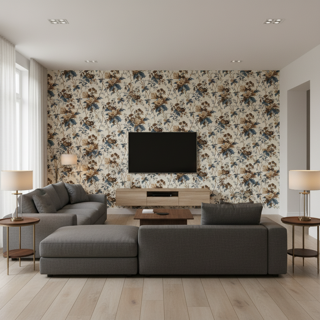 De La Tour - Blu/Brow/Whi Multi By Lee Jofa | Paolo Moschino Fabrics |Botanical & Floral  Multipurpose Print - Living Room Room Setting