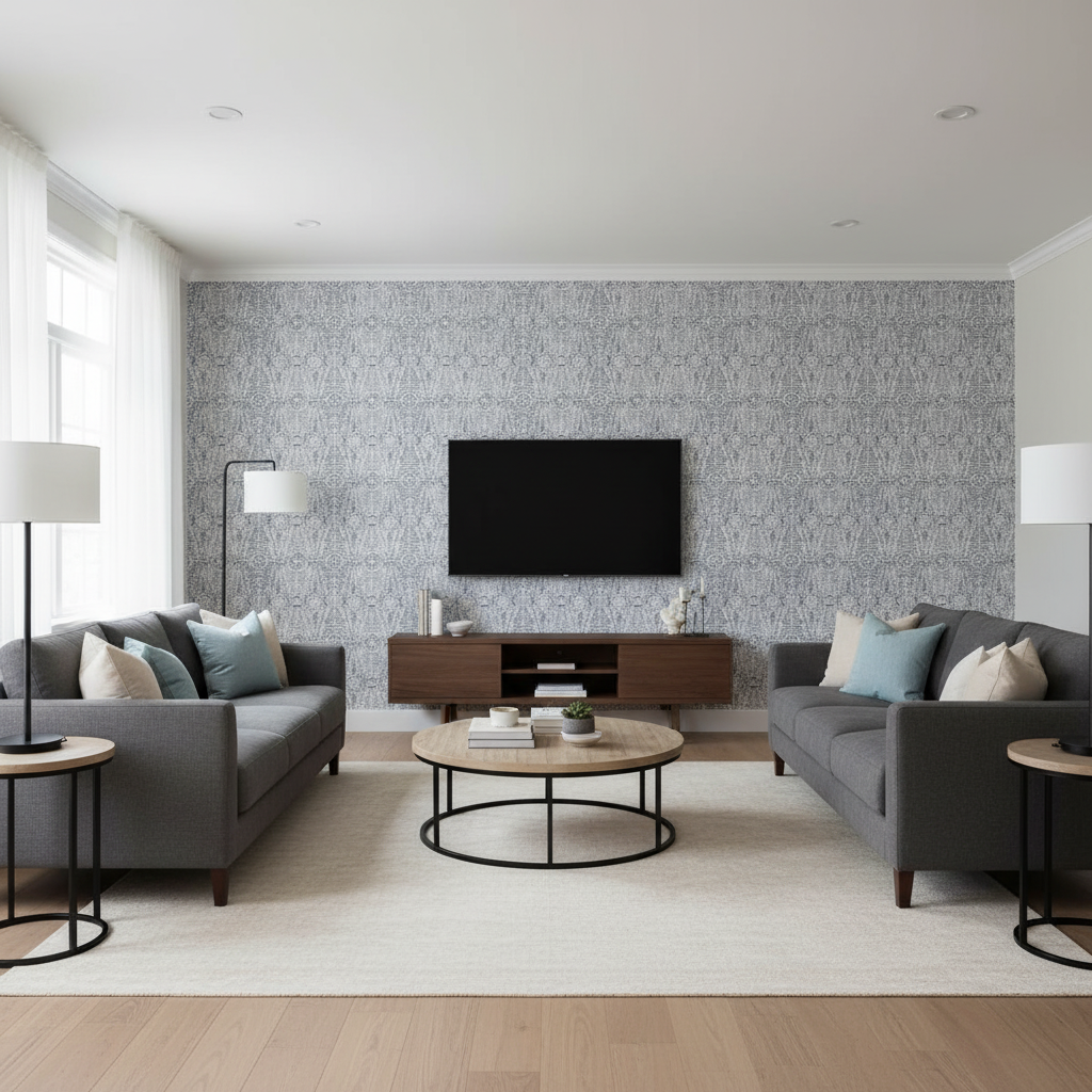 Drayton Print - Indigo Blue By Lee Jofa | Clare Prints |Global Geometric Multipurpose Print - Living Room Room Setting