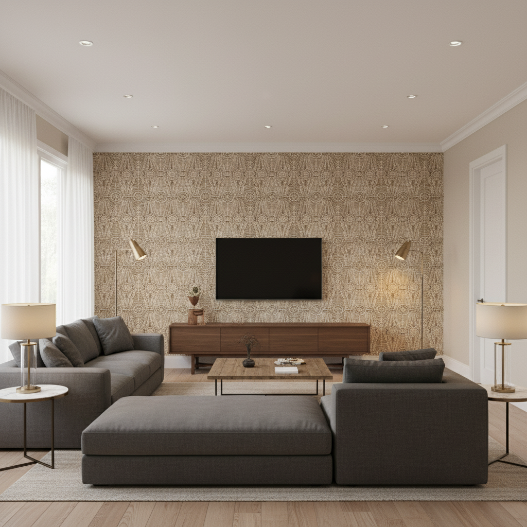 Drayton Print - Java Brown By Lee Jofa | Clare Prints |Global Geometric Multipurpose Print - Living Room Room Setting