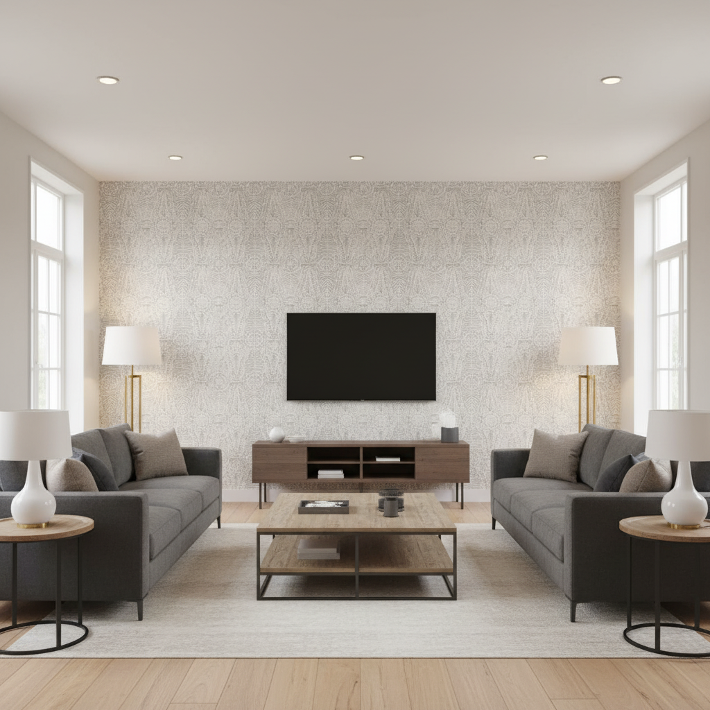 Drayton Print - Smoke Grey By Lee Jofa | Avondale |Global Geometric Multipurpose Print - Living Room Room Setting