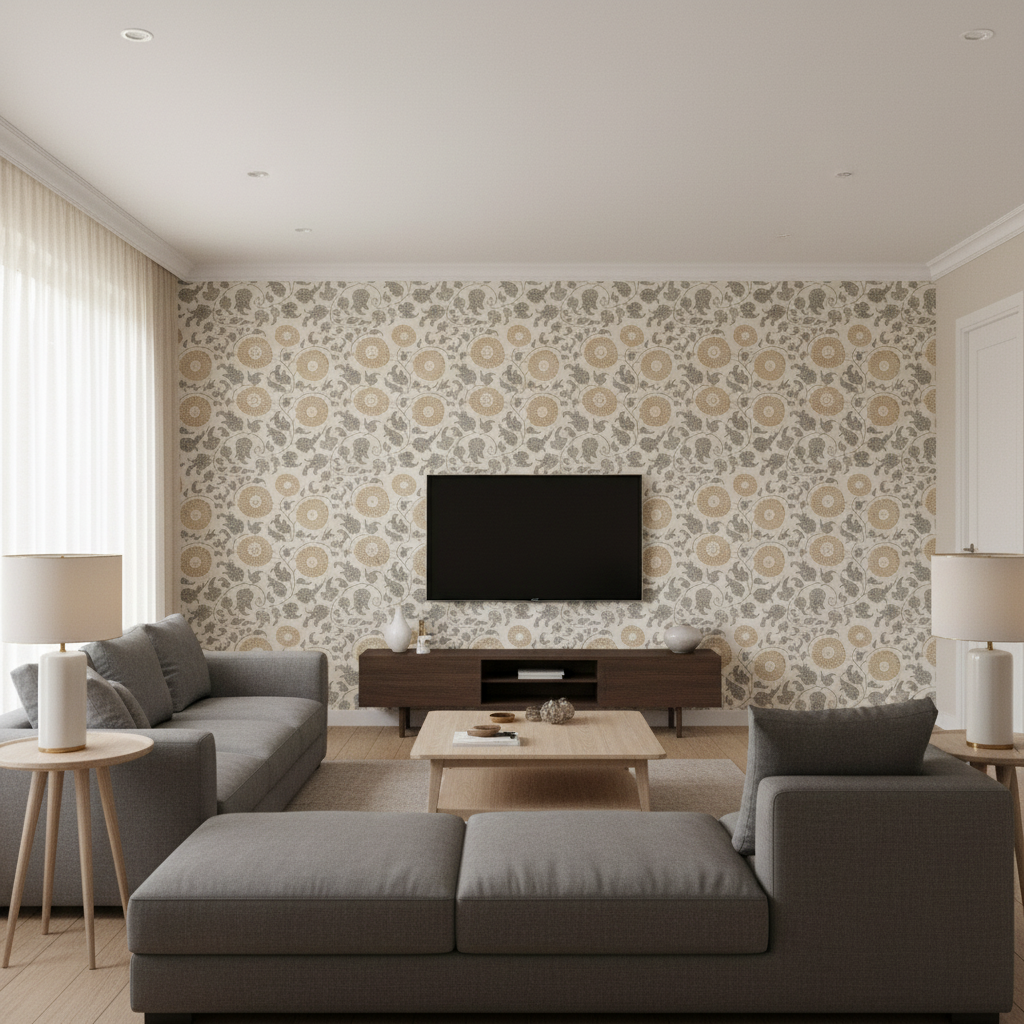 Eldora Print - Flax Beige By Lee Jofa | Breckenridge |Botanical & Floral Global Multipurpose Print - Living Room Room Setting