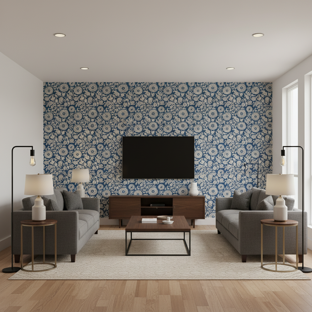 Eldora Print - Indigo Dark Blue By Lee Jofa | Breckenridge |Botanical & Floral Global Multipurpose Print - Living Room Room Setting