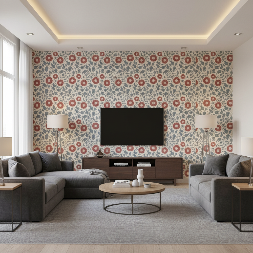 Eldora Print - Sky/Brick Blue By Lee Jofa | Clare Prints |Botanical & Floral Global Multipurpose Print - Living Room Room Setting