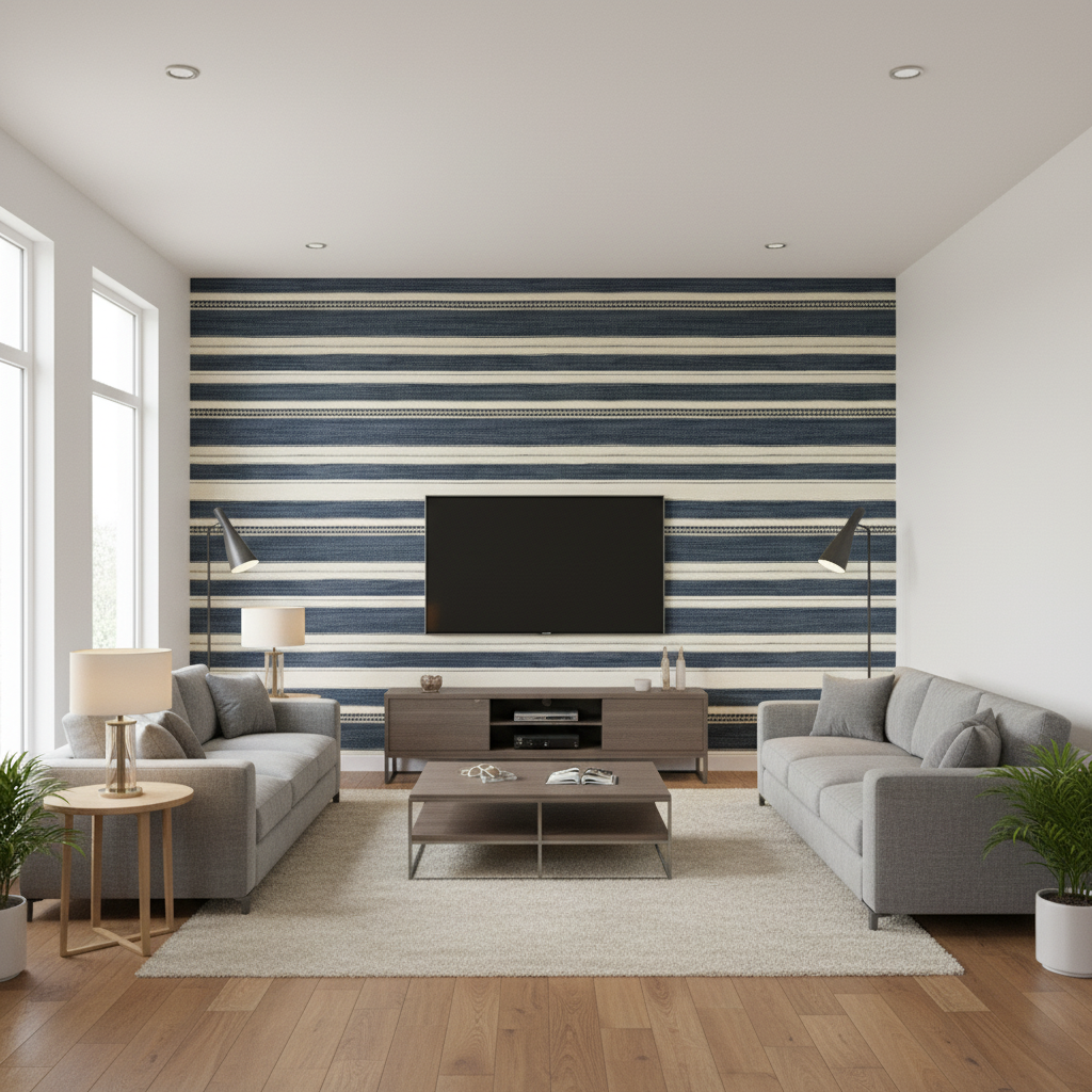 Entoto Stripe - Blue/Indigo Blue By Lee Jofa | Merkato |Global Stripes Upholstery - Living Room Room Setting