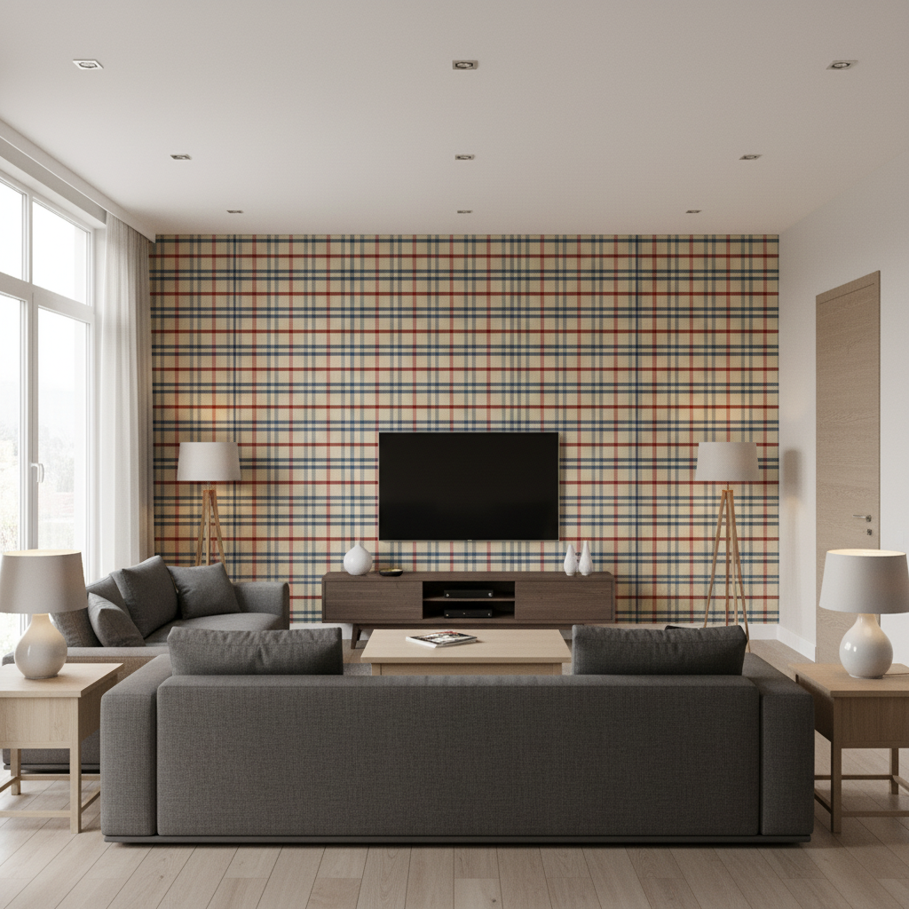 Fannin Plaid - Ruby/Navy Multi By Lee Jofa | Lodge Ii Weaves And Embroideries |Plaid / Check  Upholstery Chenille - Living Room Room Setting