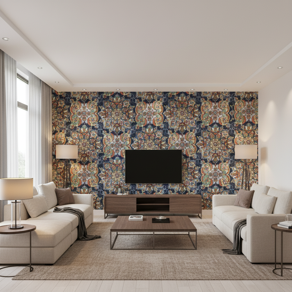 Granada Print - Denim Dark Blue By Lee Jofa | Oscar De La Renta Iv | Damask Multipurpose Print - Living Room Room Setting