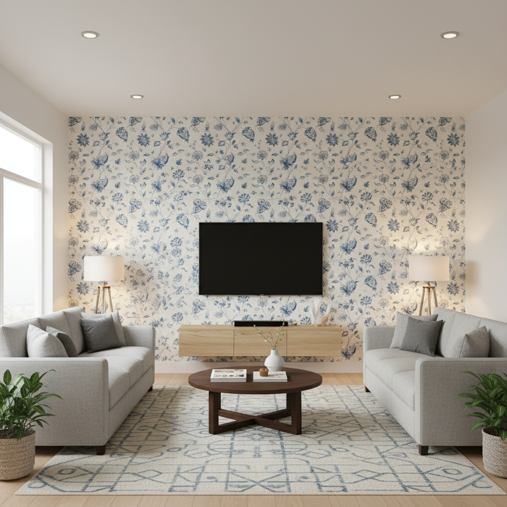 Hollin Print - Indigo Blue By Lee Jofa | Manor House |Botanical & Floral Jacobeans Multipurpose Print - Living Room Room Setting