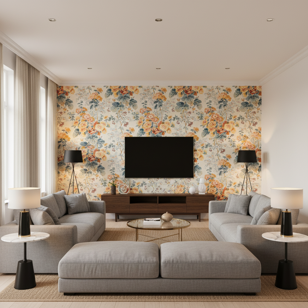 Hollyhock Hdb - Apricot/Lake Multi By Lee Jofa |  | Botanical & Floral Multipurpose Print - Living Room Room Setting