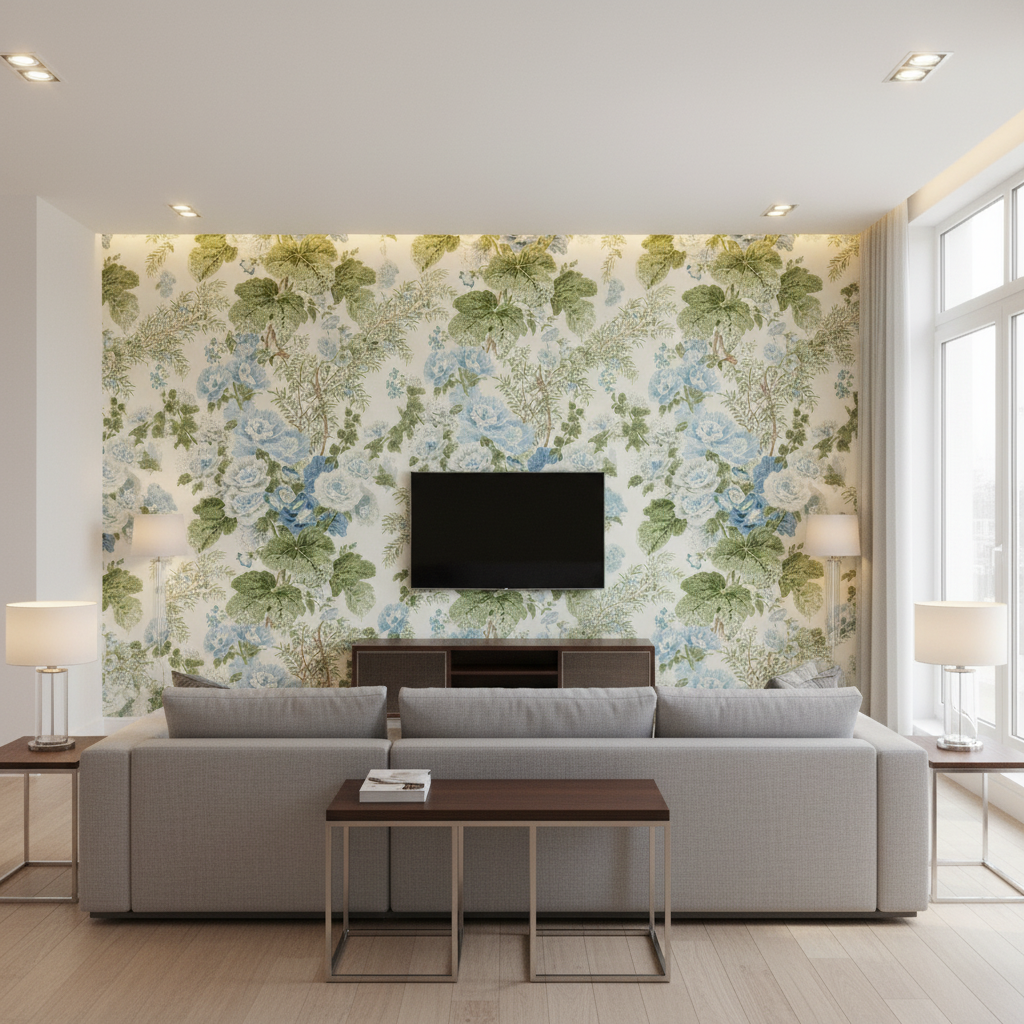 Hollyhock Hdb - Blue/Leaf Light Blue By Lee Jofa | Lee Jofa 200 | Botanical & Floral Multipurpose Print - Living Room Room Setting