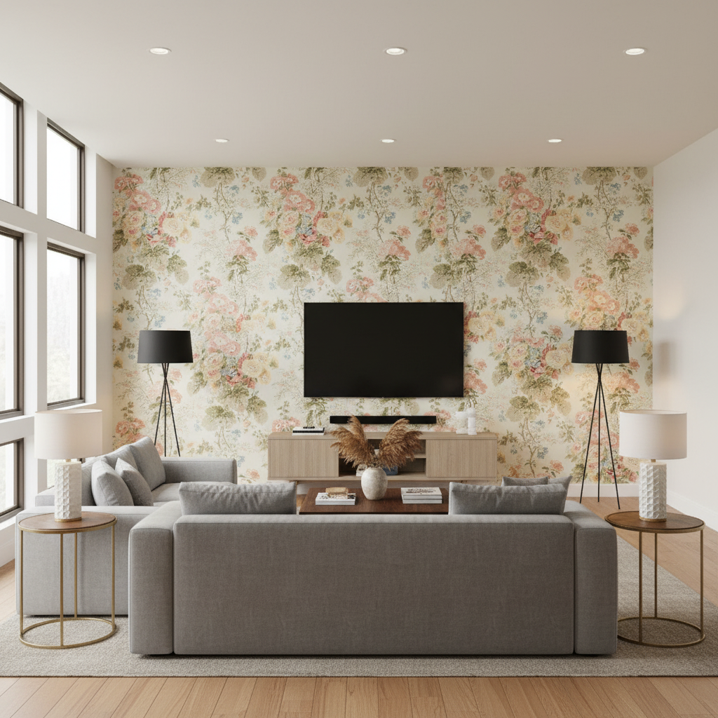 Hollyhock Hdb - Coral/Olive Multi By Lee Jofa |  | Botanical & Floral Multipurpose Print - Living Room Room Setting
