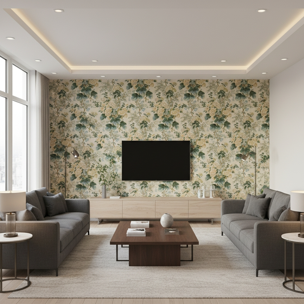 Hollyhock Hdb - Lemon/Aqua Beige By Lee Jofa |  | Botanical & Floral Multipurpose Print - Living Room Room Setting