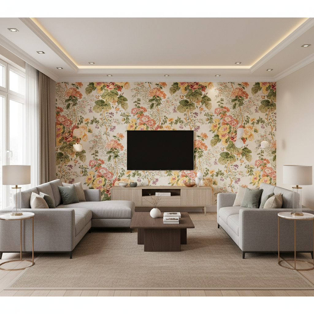 Hollyhock Hdb - Red/Green Multi By Lee Jofa |  | Botanical & Floral Multipurpose Print - Living Room Room Setting