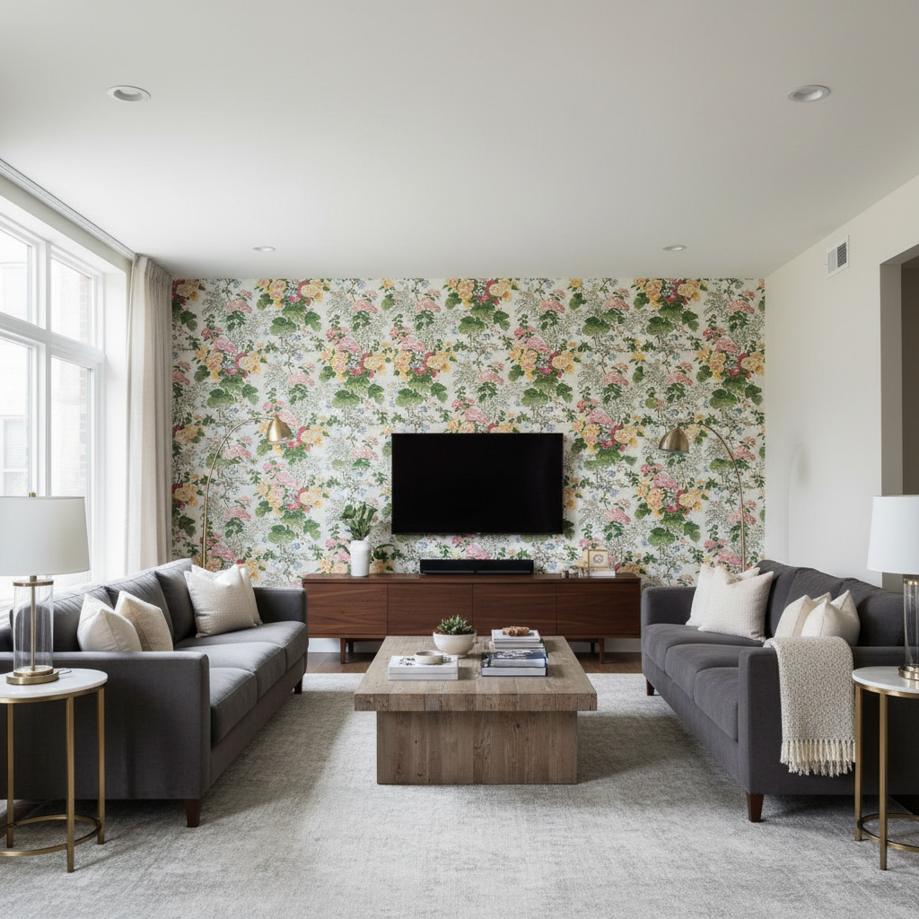 Hollyhock Hdb - White/Pink White By Lee Jofa |  | Botanical & Floral Multipurpose Print - Living Room Room Setting