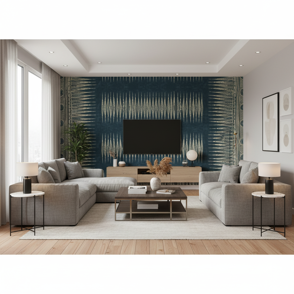 Indian Zag - Indigo Blue By Lee Jofa | Suzanne Rheinstein *Hollyhock Ii | Global Multipurpose Print - Living Room Room Setting
