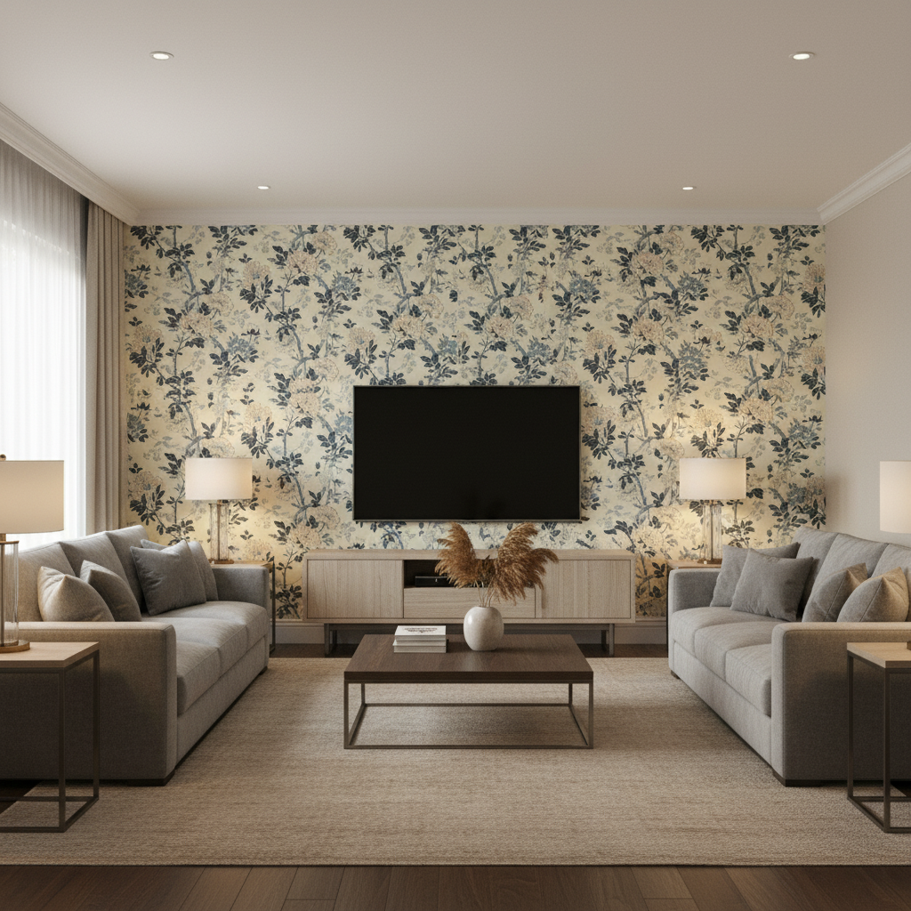 Inisfree - Denim Blue By Lee Jofa | Carrier And Company |Botanical & Floral  Multipurpose Print - Living Room Room Setting