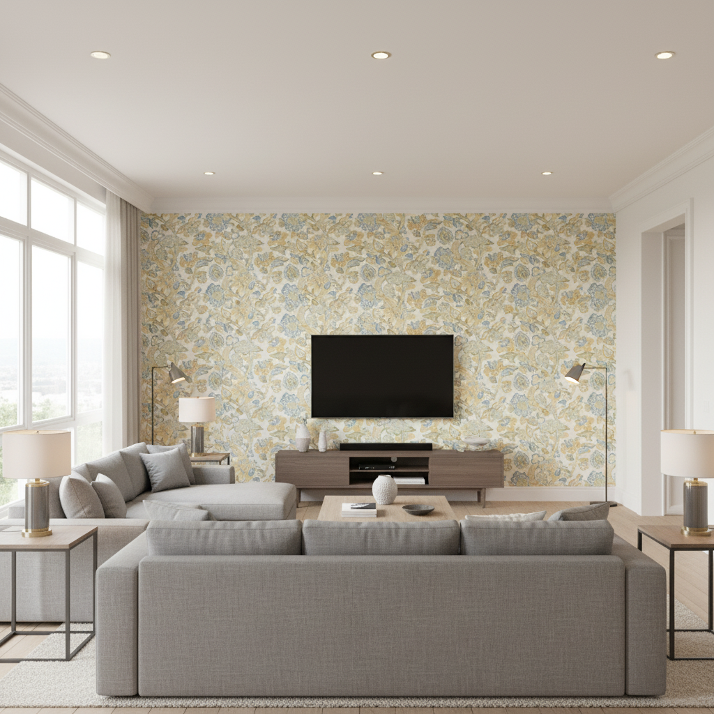La Cinta - Lemon/Blue Blue By Lee Jofa | Verdmont Collection |Botanical & Floral Jacobeans Multipurpose Print - Living Room Room Setting