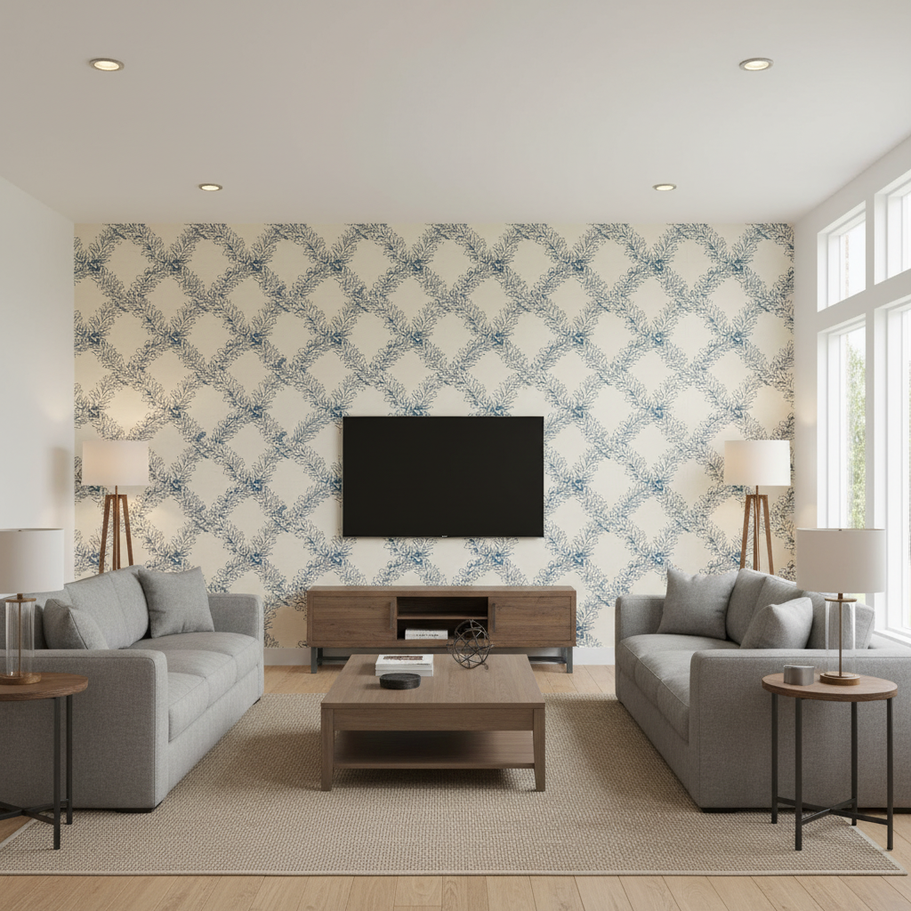 Leaf Trellis - Blue Blue By Lee Jofa | Paolo Moschino Fabrics |Botanical & Floral Lattice/Scrollwork Multipurpose Print - Living Room Room Setting