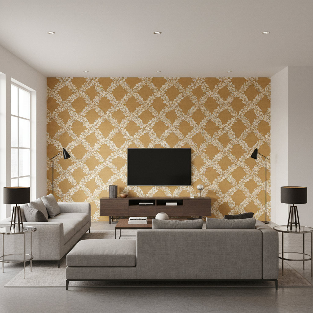 Leaf Trellis - Caramel Camel By Lee Jofa | Paolo Moschino Fabrics |Botanical & Floral Lattice/Scrollwork Multipurpose Print - Living Room Room Setting
